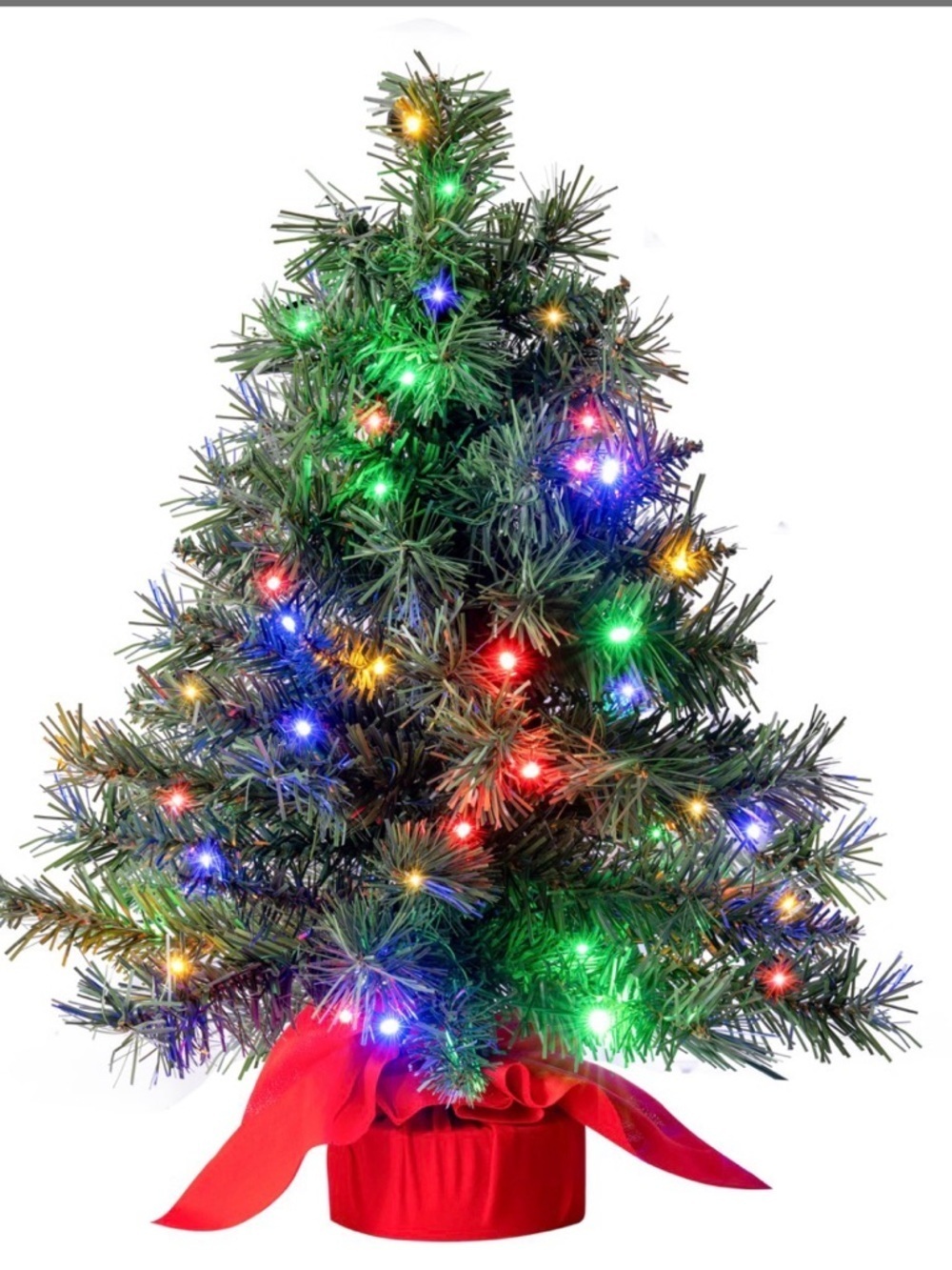 Green Mini Holiday Tree with Multicolor Lights and Red Fabric Base